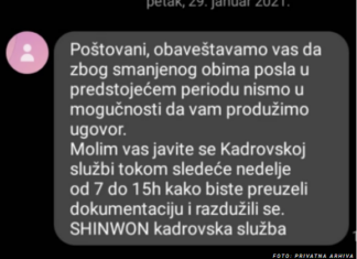U petak 188 radnika „Jurine“ fabrike SMS-om dobilo otkaz Sinvon