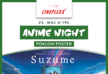 Anime night uz film „Suzume“ U četvrtak, 25. maja od 19 časova Anime night održaće se u Cineplexx Niš bioskopu. Ulaznice su u prodaji na blagajnama bioskopa i putem aplikacije CineplexxRS.